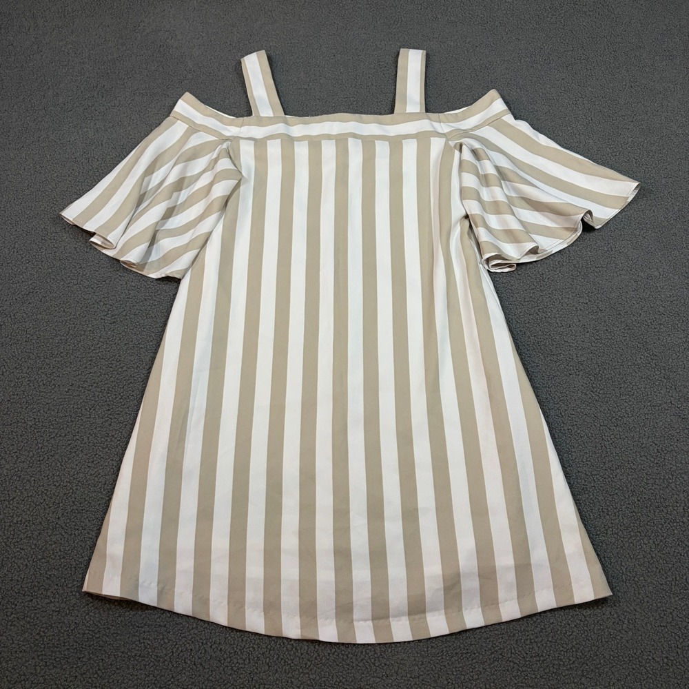 Taylor Dress Womens 8 Tan White Striped Cold Shoulder Flutter Sleeve Shift Mini